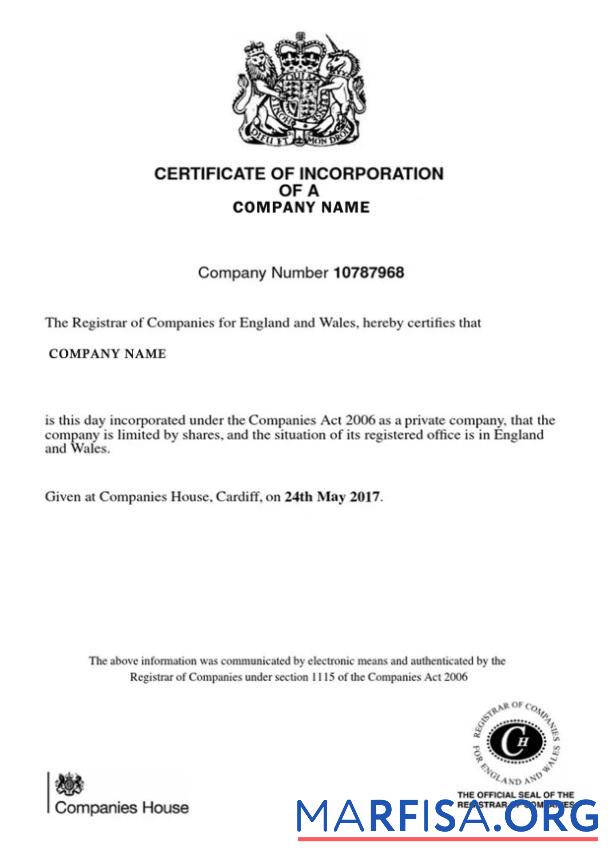 Downloadable United Kingdom Certificate of Incorporation download for verification